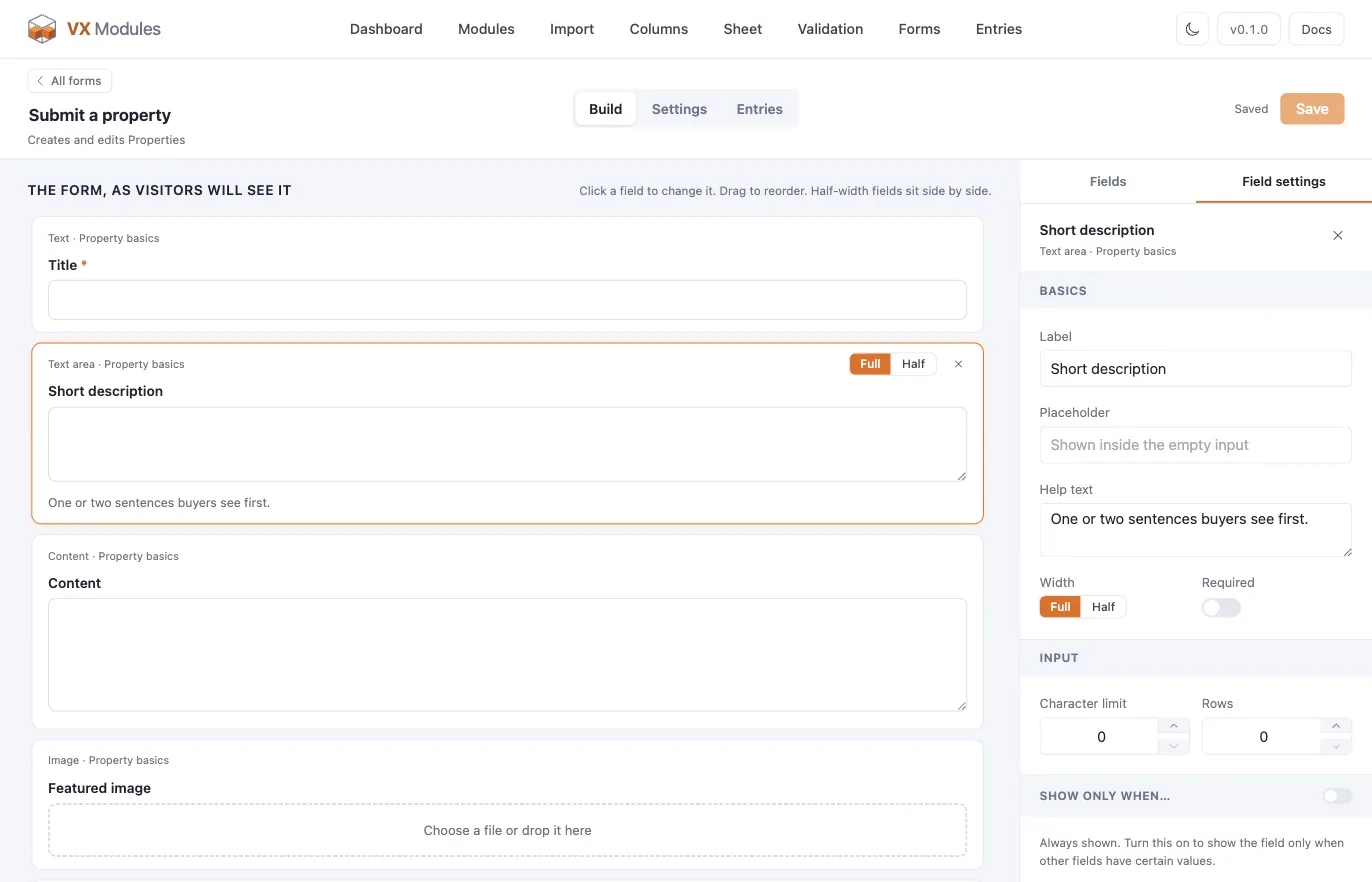 The form builder — fields on the left as visitors will see them, the selected field's settings on the right